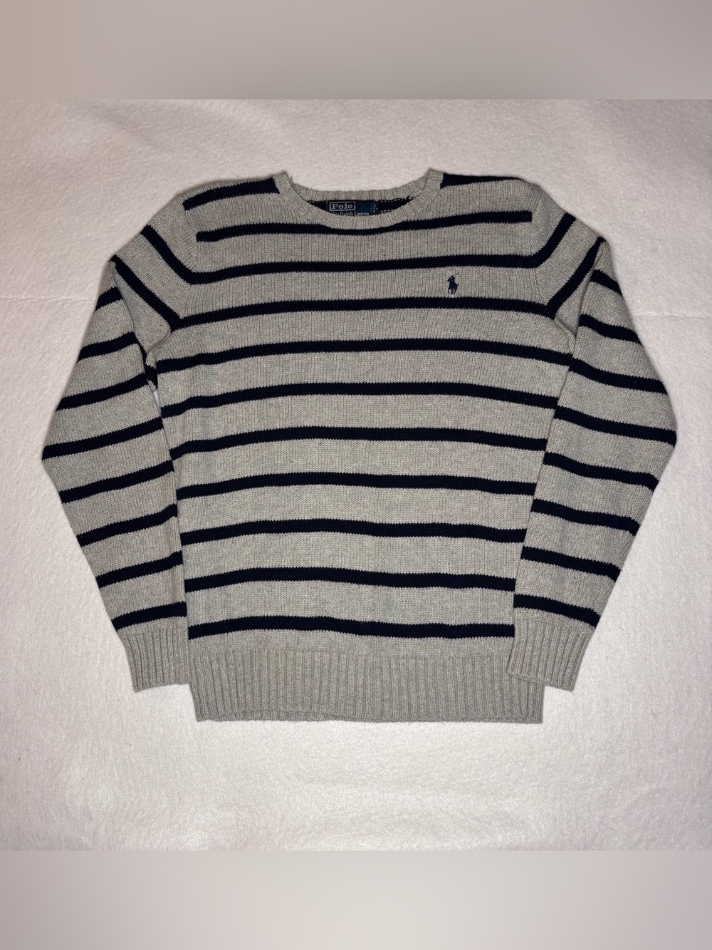Vintage Polo by Ralph Lauren Gray and Navy Striped Crewneck Sweater Men’s Small